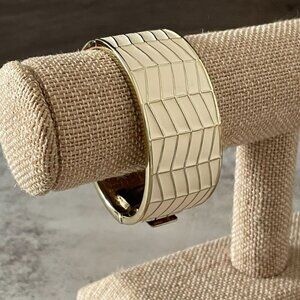 House of Harlow Wide Hinged Oval Bangle Bracelet Cream Gold Enamel 2.25" Small